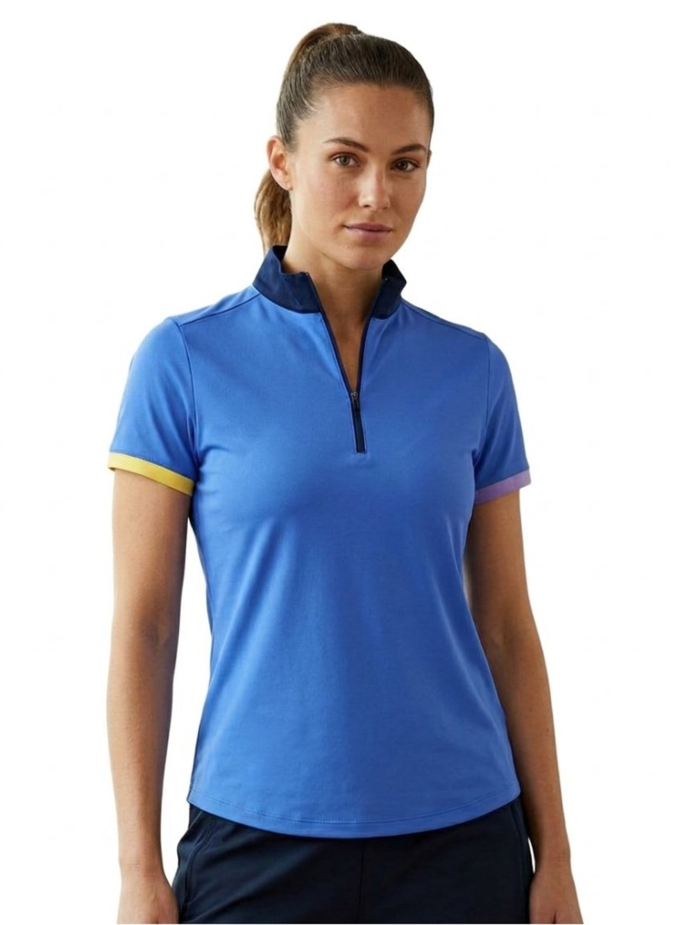 NWT RLX Ralph Lauren Blue Short Sleeve Tee with Yellow and Purple Trim M